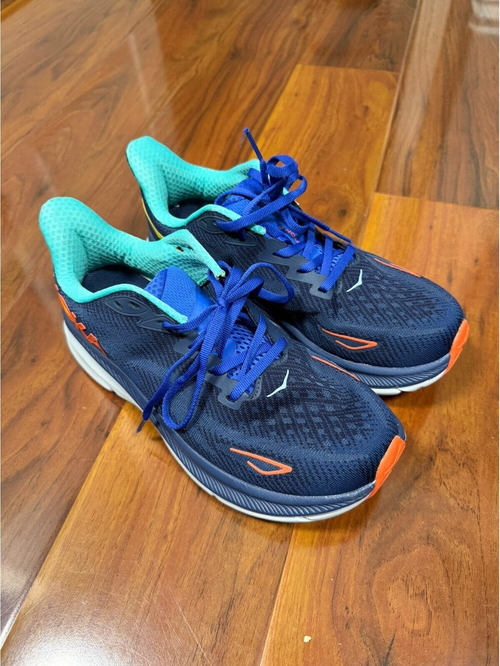 Hoka One Clifton 9 Women's Blue Orange Shoes Sneaker Size 7.5 Wide 1127896
